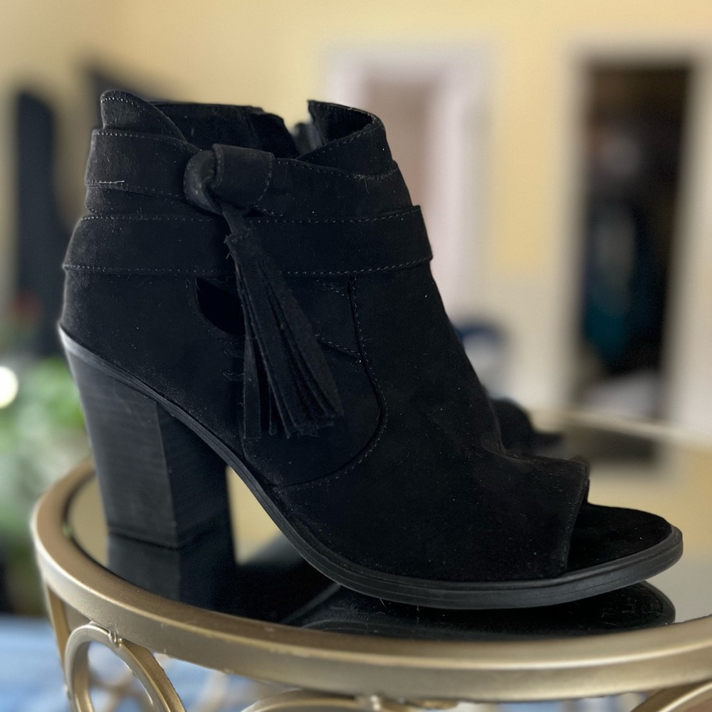 Black suede open toe booties